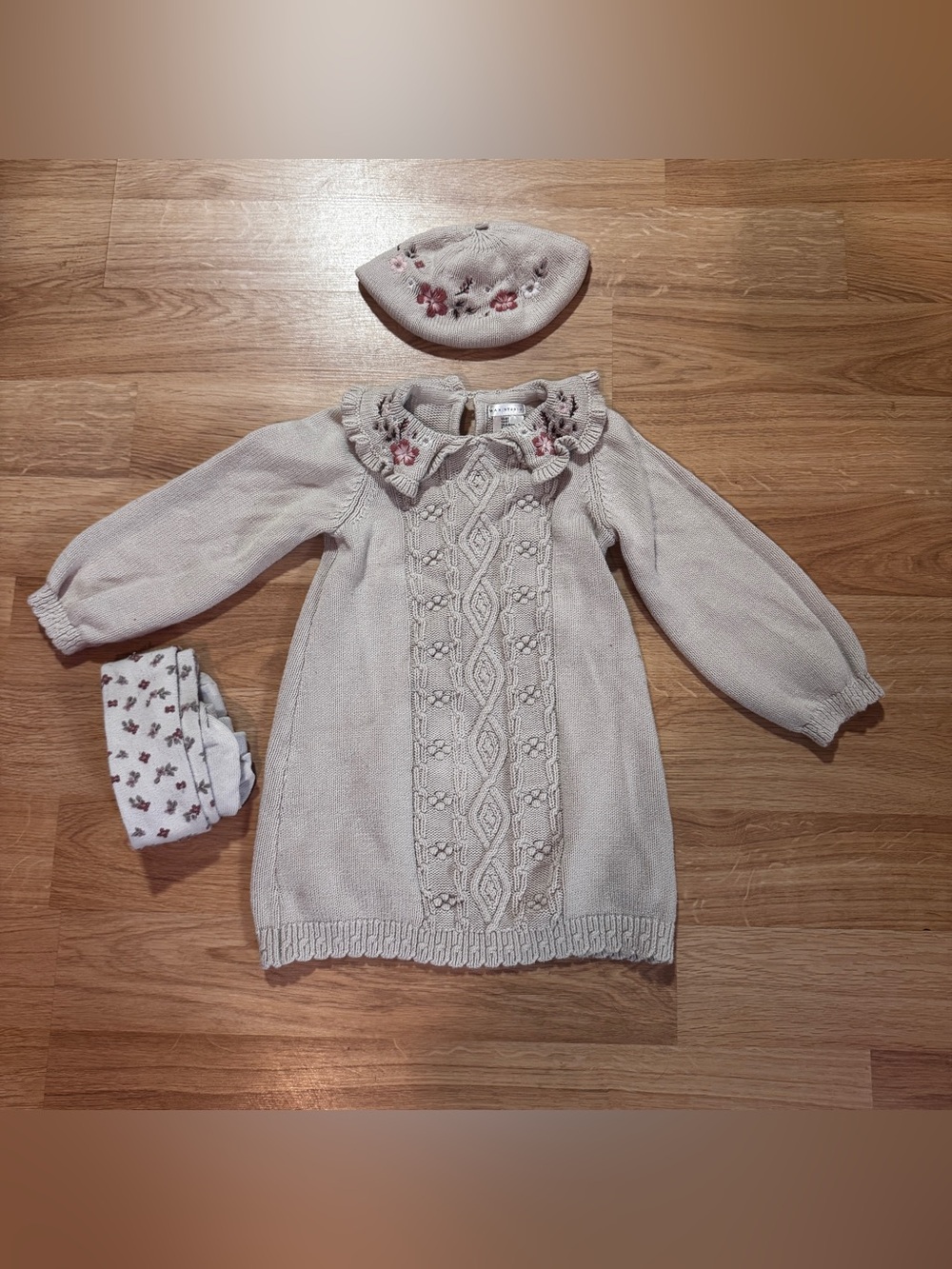 Max Studio Beige Knit Dress with Floral Collar and Beret